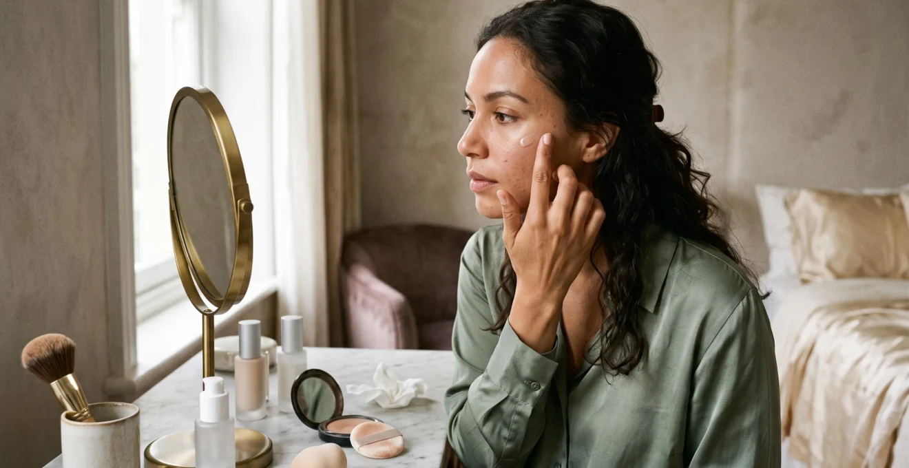 Une femme applique avec le bout du doigt un enlumineur liquide sur le haut de sa pommette, devant un miroir, dans un coin coiffeuse éclairé par la lumière naturelle.