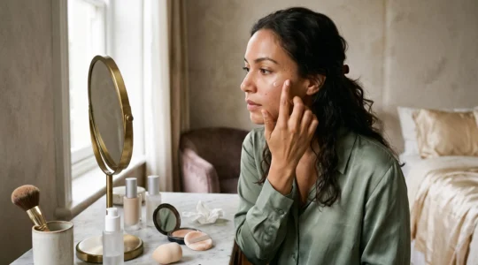 Une femme applique avec le bout du doigt un enlumineur liquide sur le haut de sa pommette, devant un miroir, dans un coin coiffeuse éclairé par la lumière naturelle.