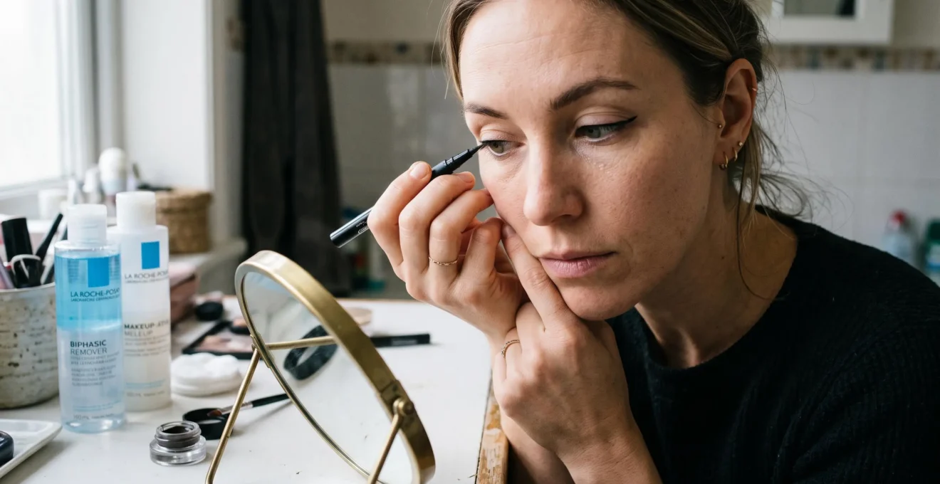 Une femme trace une ligne d'eyeliner en trois petits traits le long des cils supérieurs, le coude posé sur le plan de la salle de bain, le regard vers un miroir incliné.