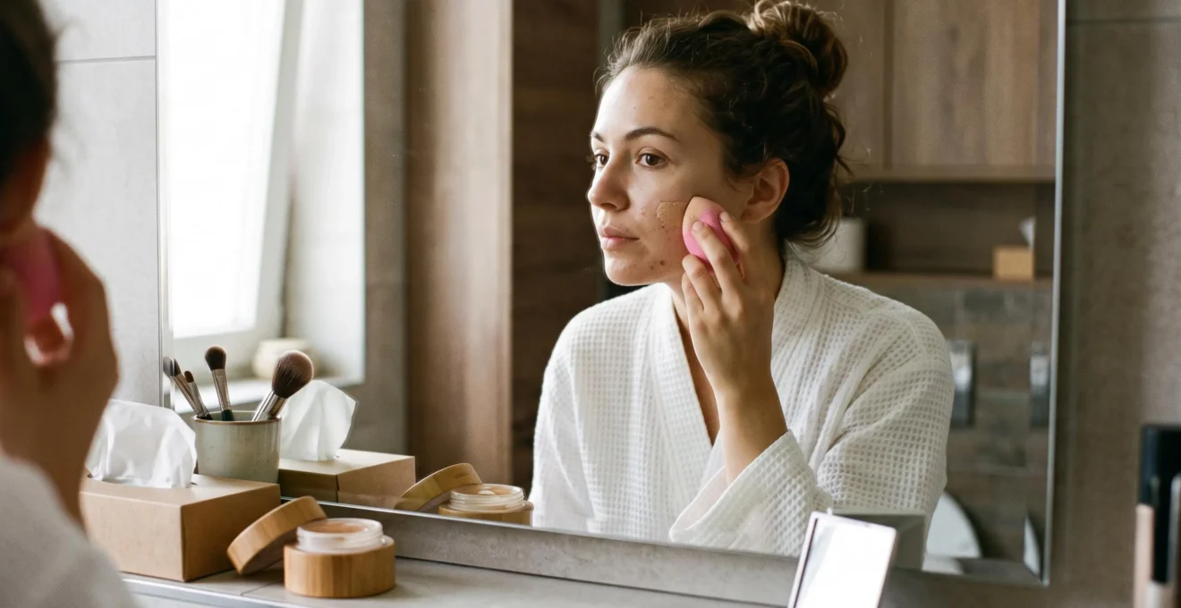 Une femme applique son fond de teint à l'éponge devant un miroir de salle de bain, avec une transition visible et naturelle entre son visage maquillé et son cou.