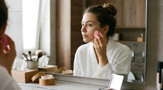 Une femme applique son fond de teint à l'éponge devant un miroir de salle de bain, avec une transition visible et naturelle entre son visage maquillé et son cou.