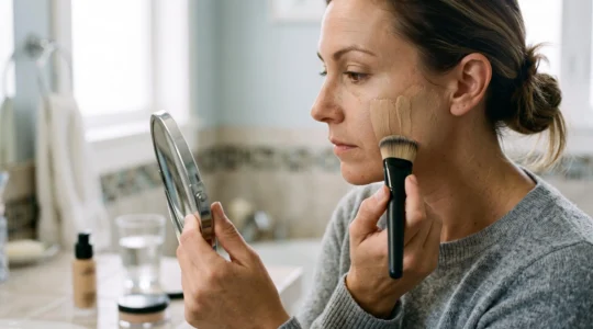 Une femme applique un fond de teint au pinceau sur sa joue devant un miroir dans une salle de bain lumineuse.