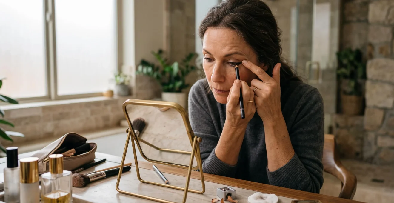 Une femme applique un crayon khôl sur son ras de cils supérieur devant un miroir de coiffeuse, dans une salle de bains éclairée par la lumière naturelle.