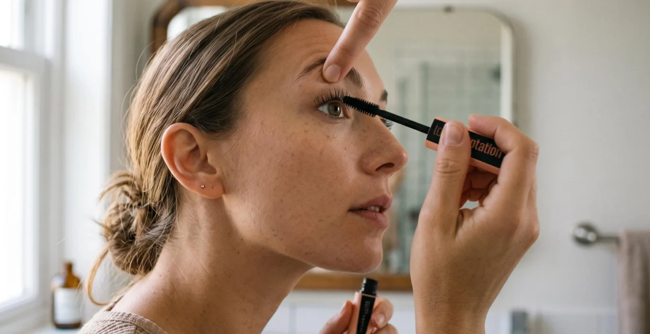 Une femme applique du mascara à la base de ses cils devant un miroir de salle de bain.