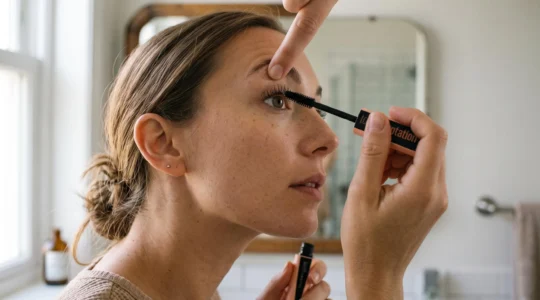 Une femme applique du mascara à la base de ses cils devant un miroir de salle de bain.