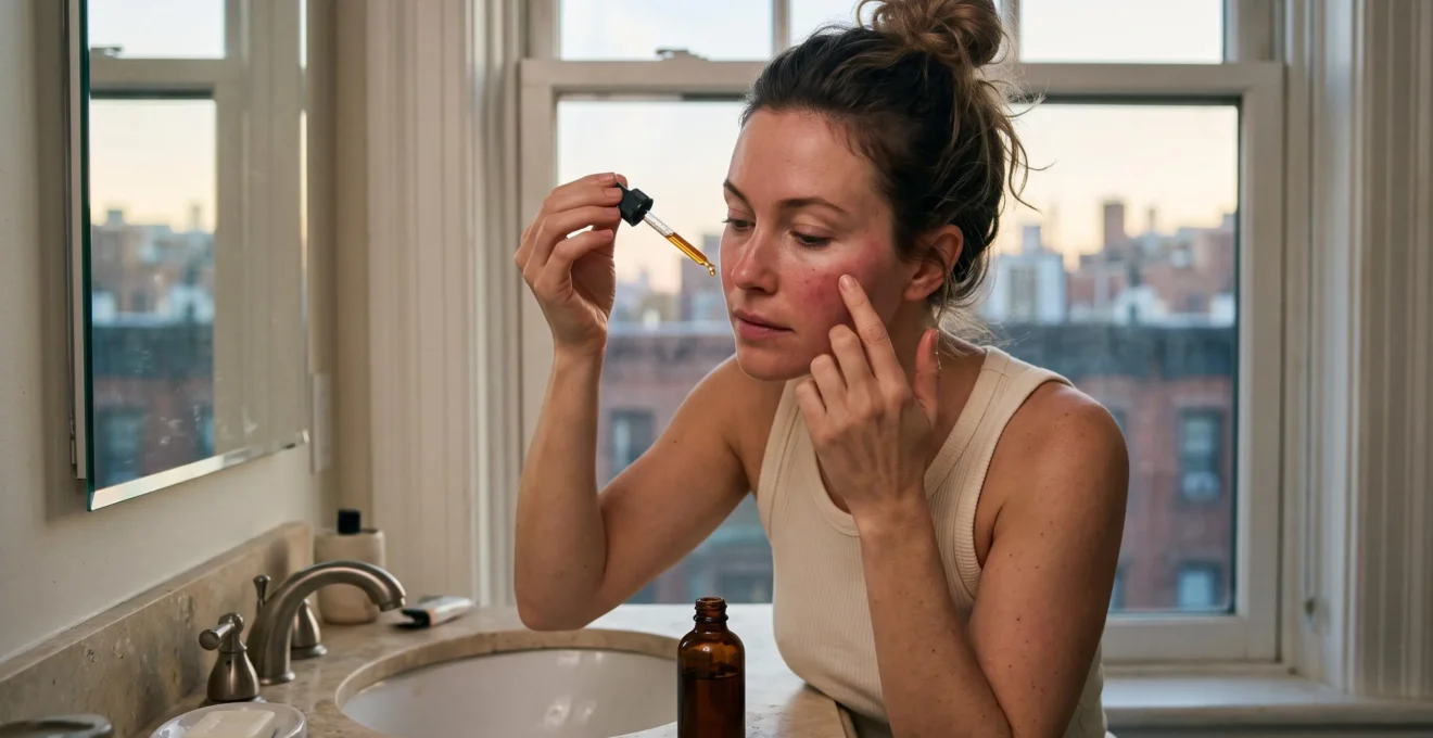 Une femme applique une goutte de sérum antioxydant sur sa joue devant un miroir dans une salle de bains urbaine éclairée par la lumière du matin.