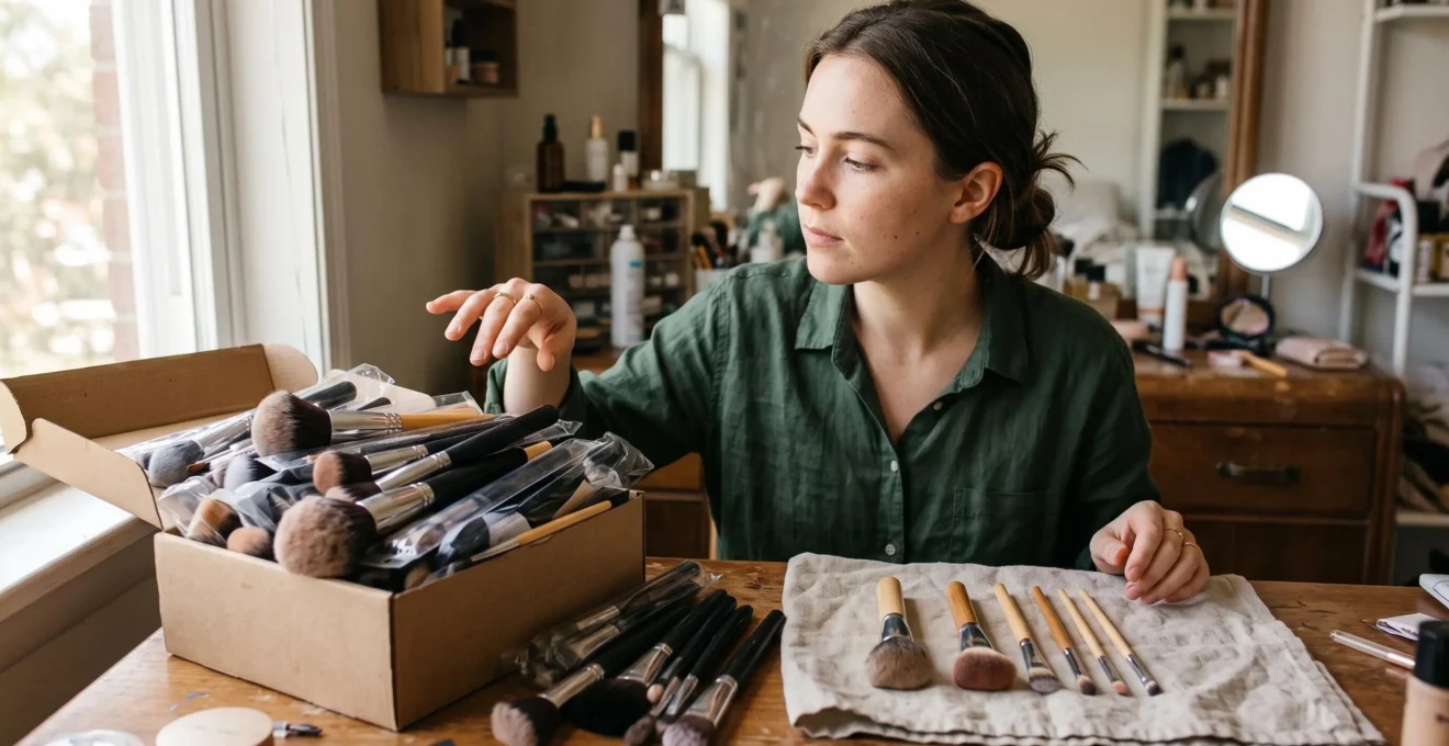 Une femme compare un coffret de vingt pinceaux de maquillage avec une sélection de cinq pinceaux essentiels posés sur une table de toilette.