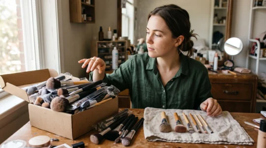 Une femme compare un coffret de vingt pinceaux de maquillage avec une sélection de cinq pinceaux essentiels posés sur une table de toilette.