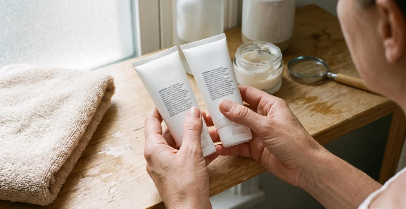 Deux mains comparent côte à côte deux tubes de crème sans marque posés sur une étagère de salle de bains, étiquettes de composition tournées vers l'avant.