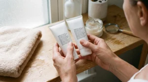 Deux mains comparent côte à côte deux tubes de crème sans marque posés sur une étagère de salle de bains, étiquettes de composition tournées vers l'avant.