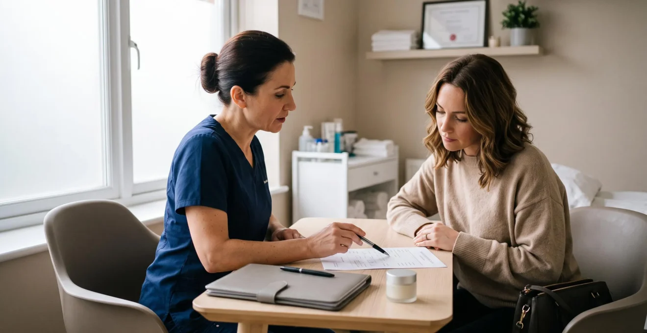 Une praticienne montre un devis écrit à une cliente assise en face d'elle dans un cabinet de soins esthétiques.