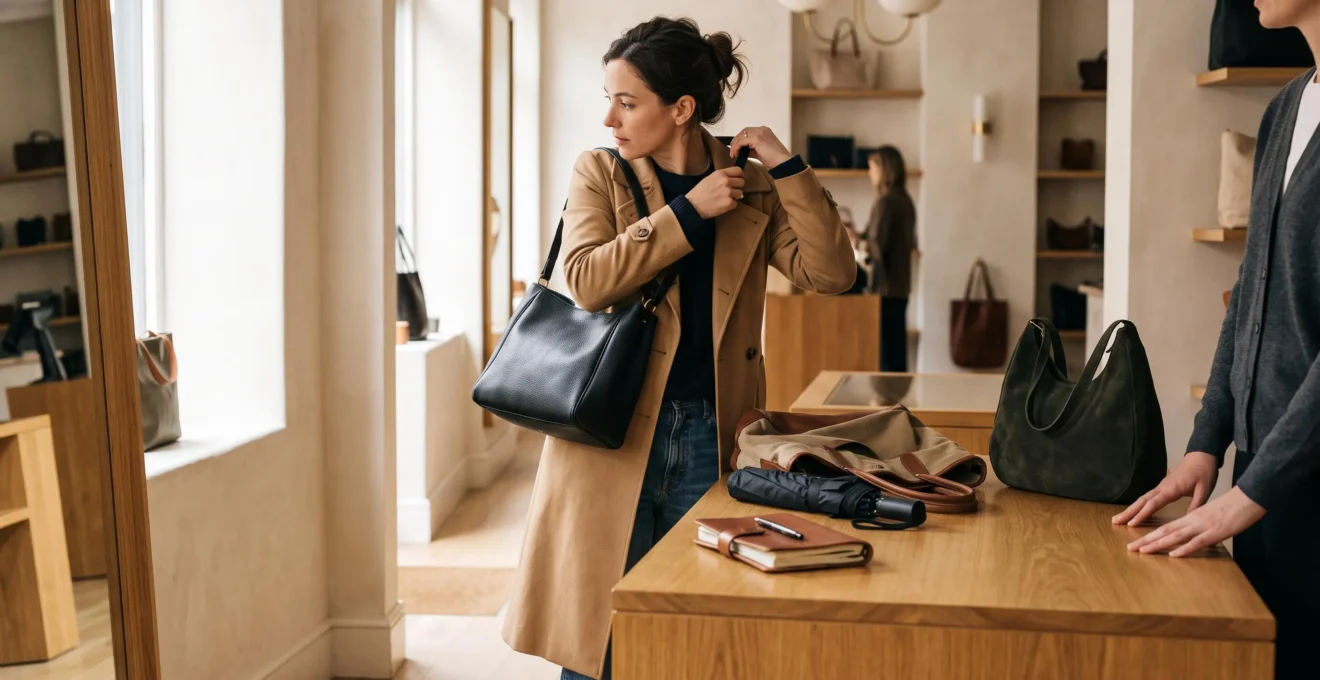 Une femme essaie un sac en cuir structuré sur son épaule dans une boutique, avec son sac quotidien et ses affaires posés sur le comptoir.