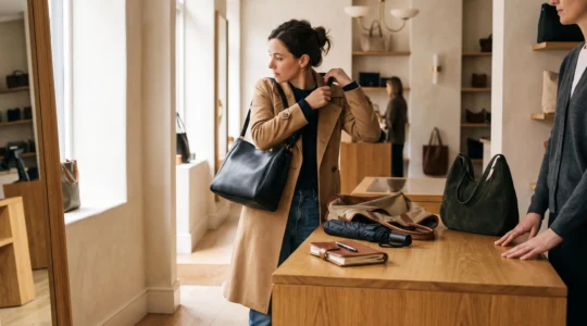 Une femme essaie un sac en cuir structuré sur son épaule dans une boutique, avec son sac quotidien et ses affaires posés sur le comptoir.
