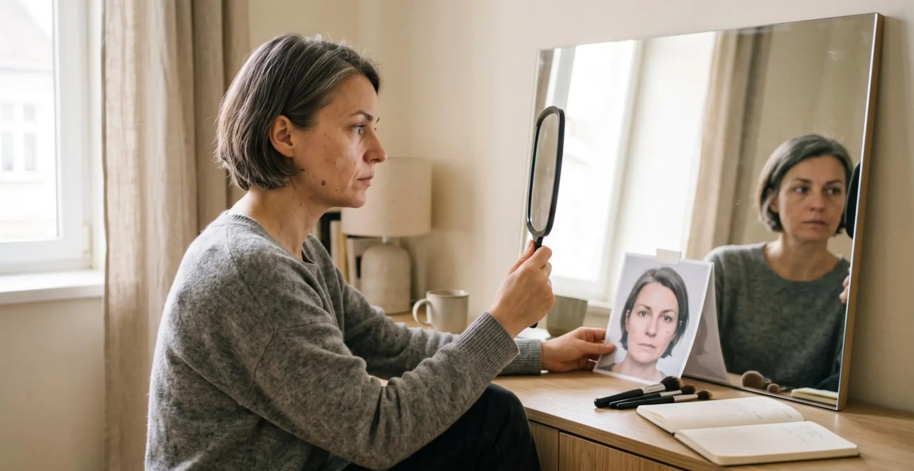 Une femme compare son reflet dans un miroir avec une photographie d'elle-même posée sur une console, entourée de pinceaux de maquillage, dans une pièce éclairée par la lumière du jour.