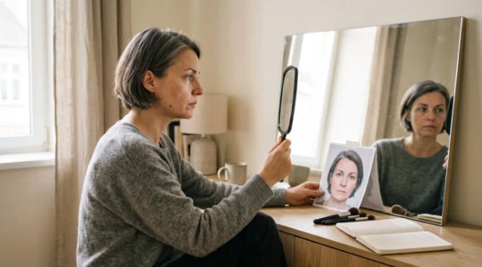 Une femme compare son reflet dans un miroir avec une photographie d'elle-même posée sur une console, entourée de pinceaux de maquillage, dans une pièce éclairée par la lumière du jour.