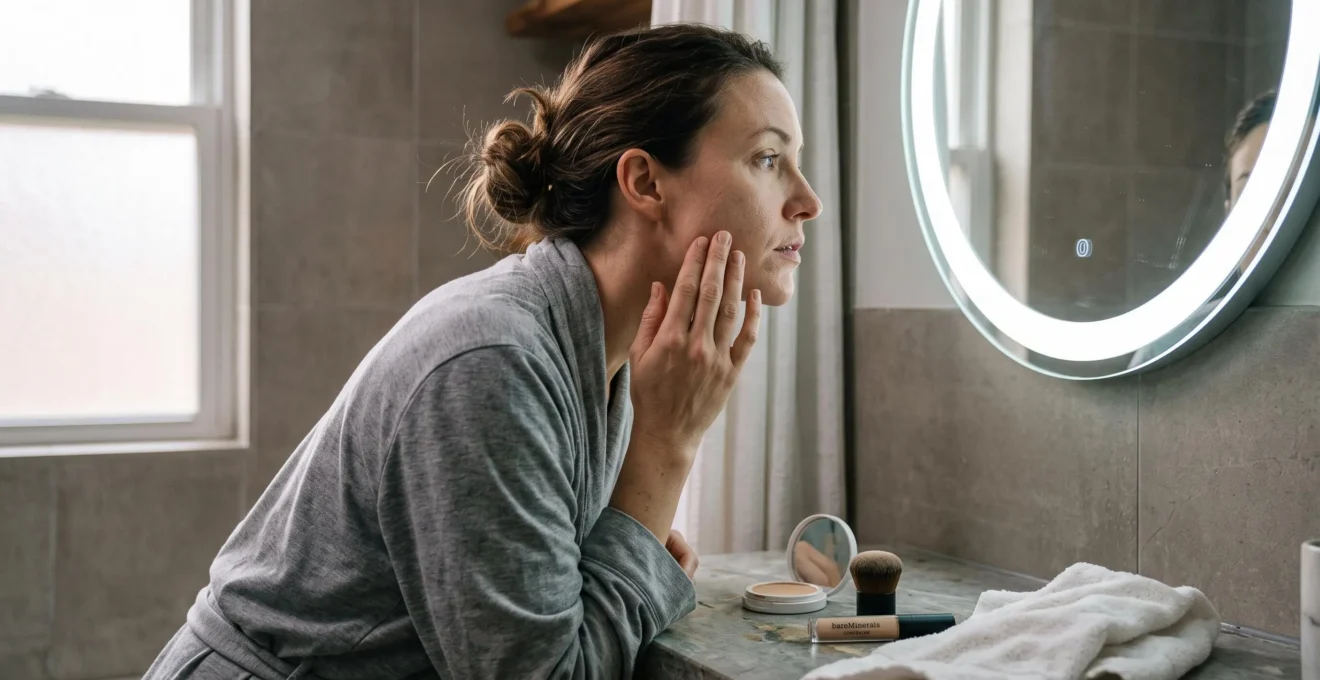 Une femme examine son teint nu dans le miroir de salle de bain sous lumière LED avant une visio, avec son fonds de teint et ses outils posés sur le plan.