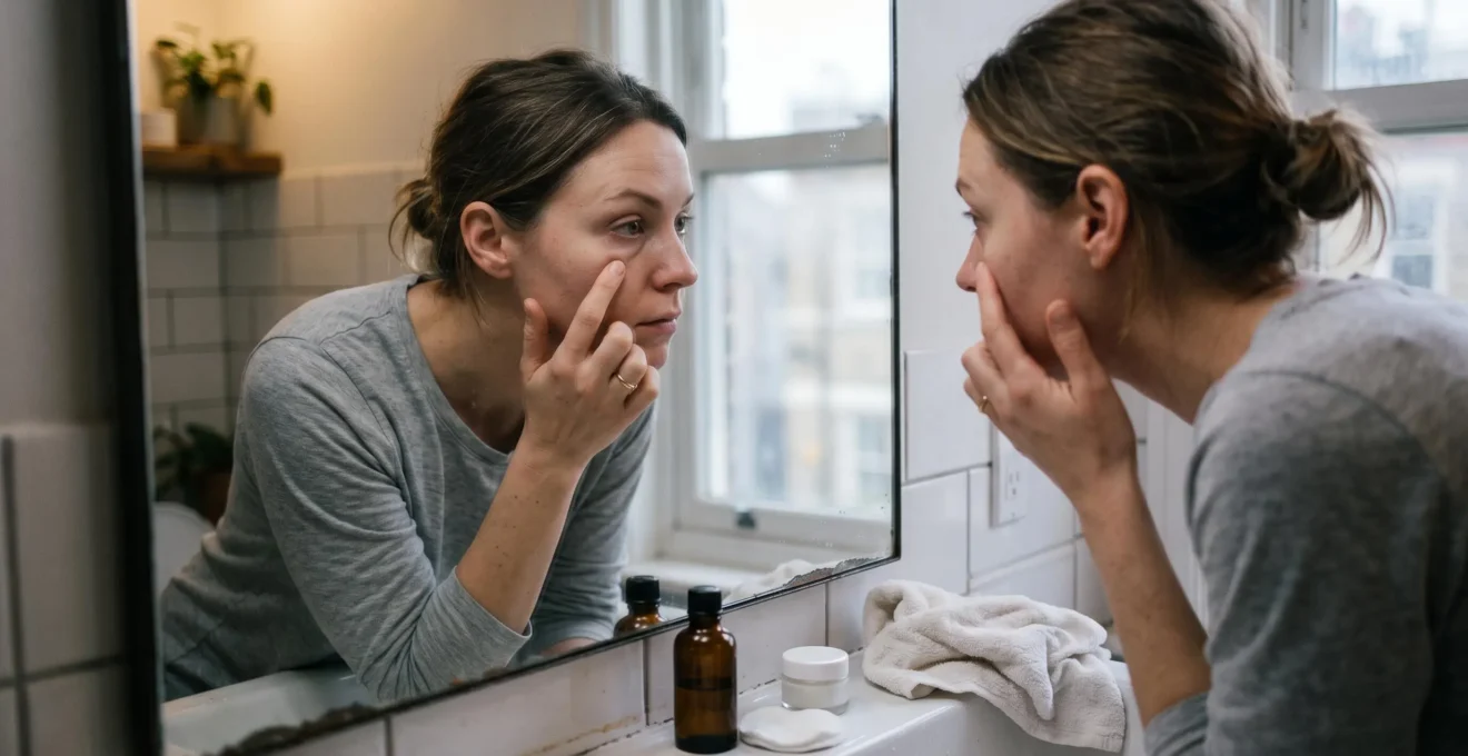Une femme examine la peau de son contour des yeux près d'un miroir de salle de bain, le doigt posé sous l'œil, le matin.