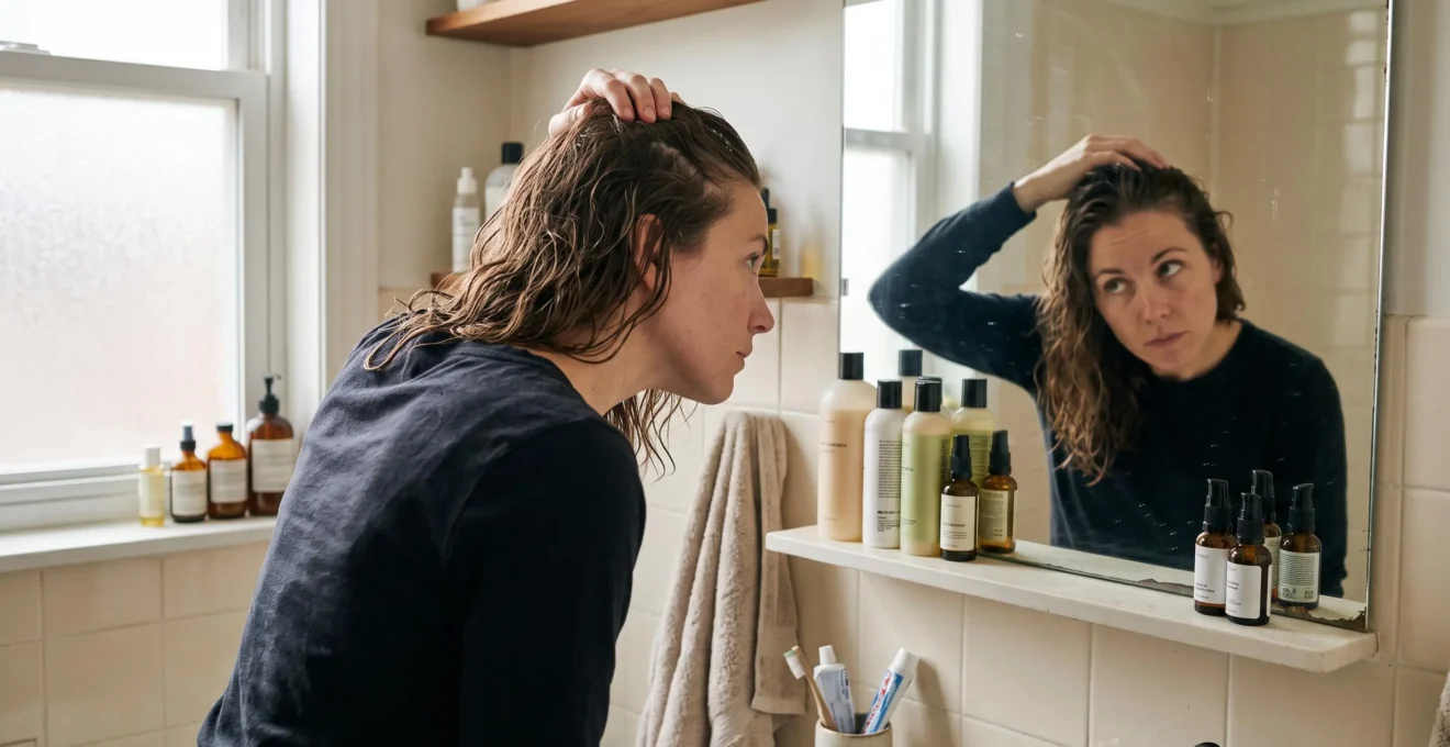 Une femme penche la tête devant un miroir de salle de bain et écarte ses cheveux avec les doigts pour observer son cuir chevelu, quelques flacons posés à côté.