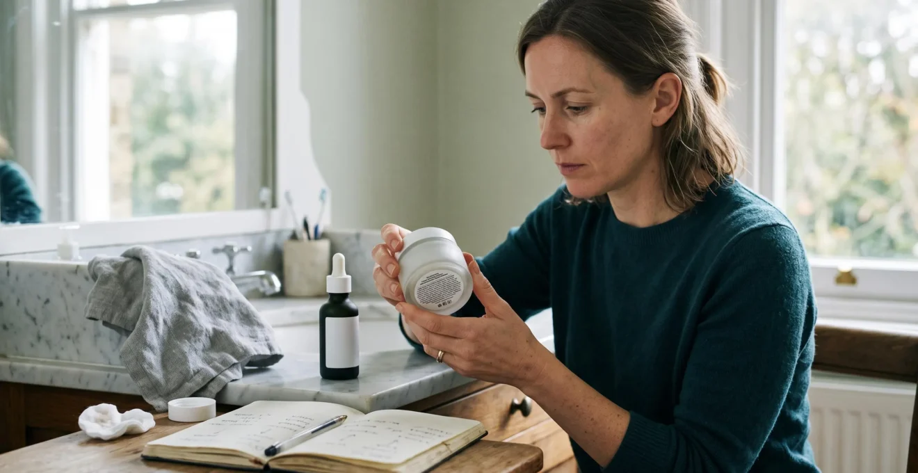 Une femme lit l'étiquette d'ingrédients au dos d'un pot de soin de luxe posé sur sa table de toilette.