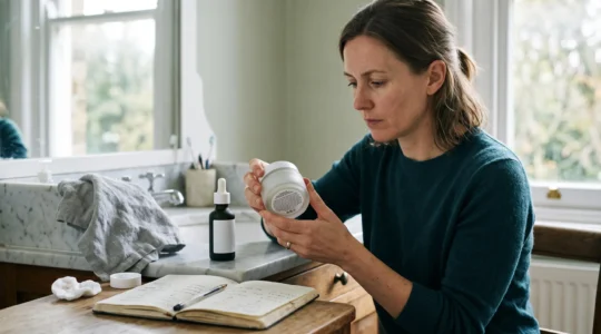 Une femme lit l'étiquette d'ingrédients au dos d'un pot de soin de luxe posé sur sa table de toilette.