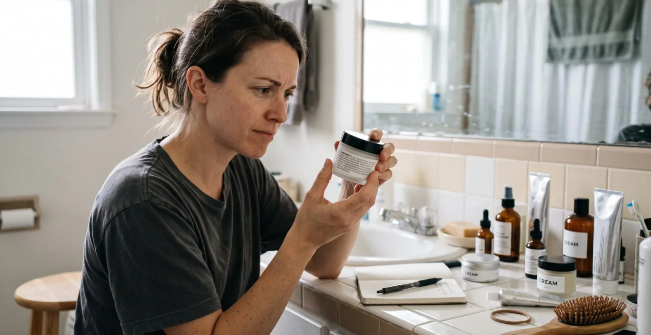Une femme examine attentivement l'étiquette d'ingrédients d'un pot de crème cosmétique posé sur le bord de sa vasque de salle de bain.
