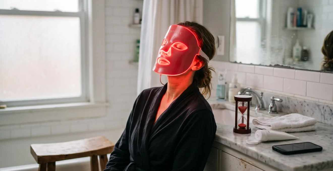 Une femme assise dans sa salle de bain porte un masque LED rouge émettant une lueur douce sur son visage, avec un minuteur et des soins posés à côté sur le meuble.