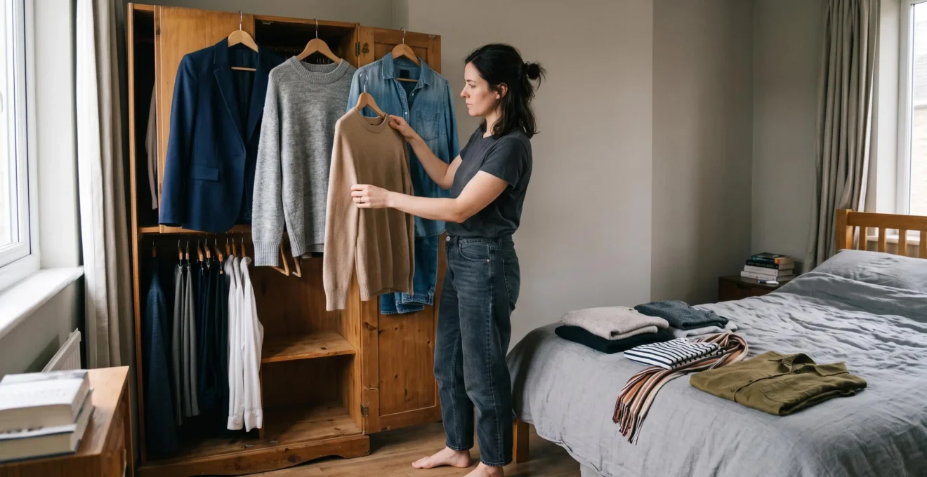 Une femme teste devant son dressing ouvert la combinaison d'un pull avec une veste formelle et une pièce décontractée, des vêtements pliés posés sur le lit derrière elle.