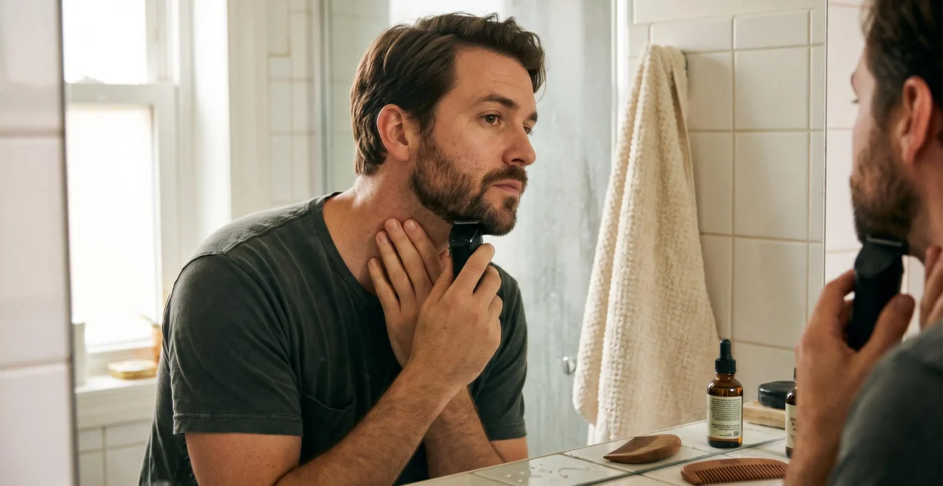 Un homme taille le contour de sa barbe et de son cou avec une tondeuse de précision devant le miroir d'une salle de bain, en tendant la peau avec l'autre main.