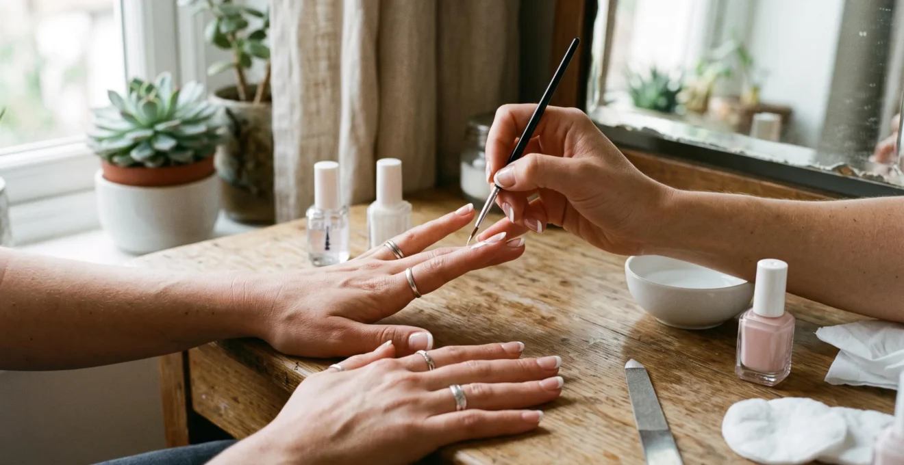 Une femme applique du vernis blanc au pinceau fin pour tracer une manucure française à la maison, près d'une fenêtre éclairée par la lumière naturelle.