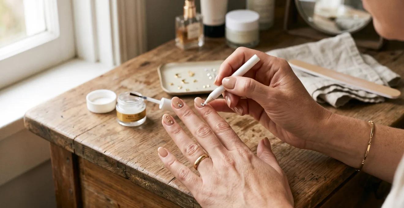 Des mains posent un petit strass sur un ongle manucuré à l'aide d'un bâtonnet de cire, avec un pot de colle et des micro-bijoux sur la table.