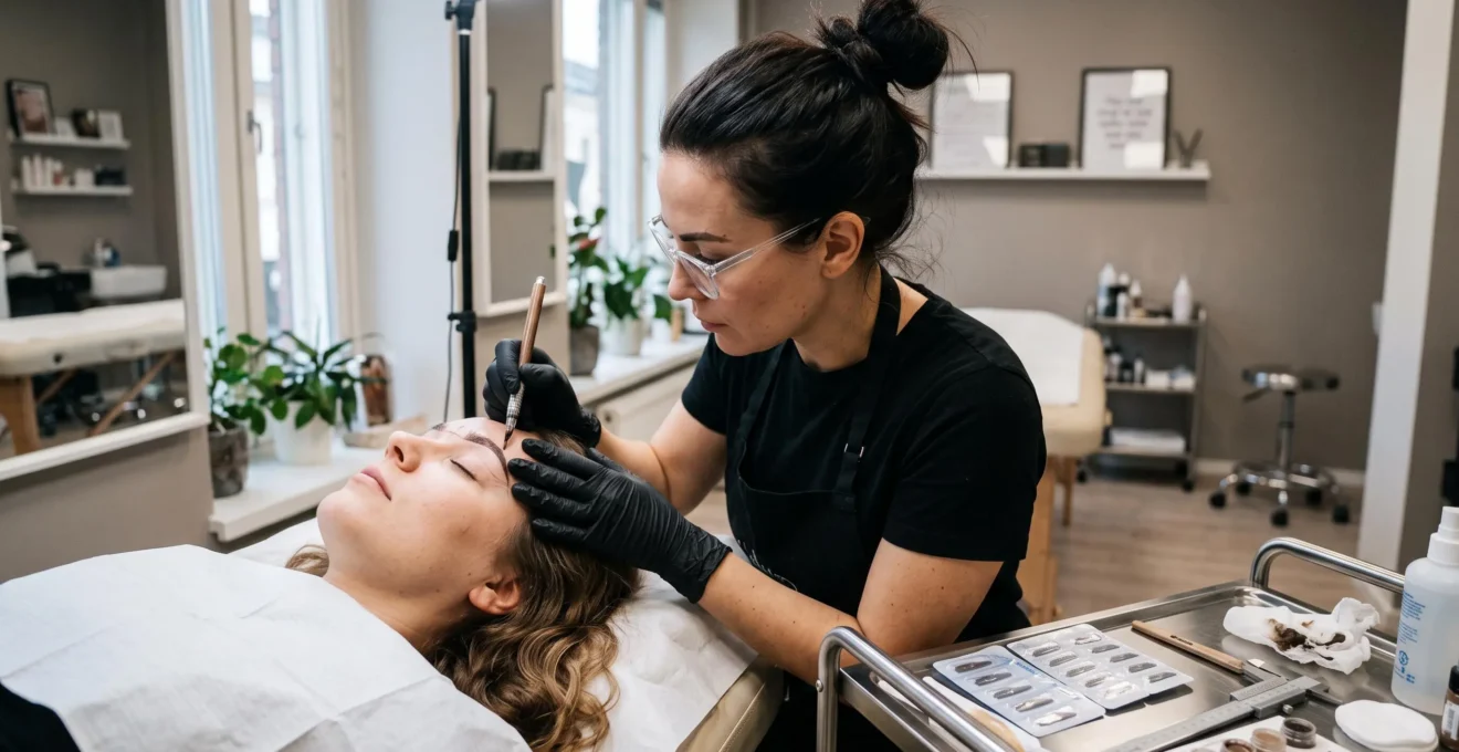 Une praticienne gantée réalise un maquillage permanent du sourcil sur une cliente allongée dans un studio esthétique