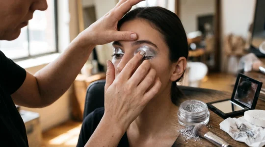 Mains d'une maquilleuse pressant un pigment chromé sur la paupière d'une femme assise devant une coiffeuse, avec un pot de pigment ouvert et un miroir compact posés à côté.