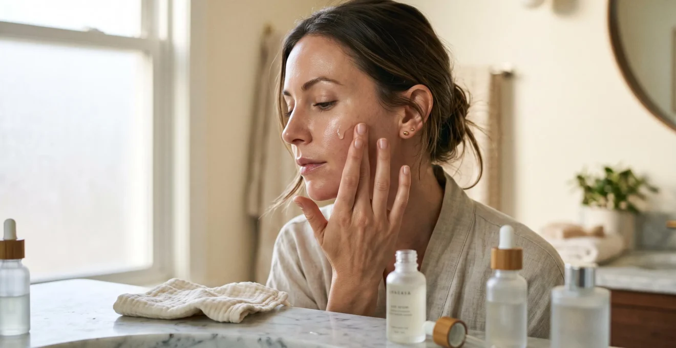 Une femme presse quelques gouttes d'un sérum illuminateur sur sa joue dans une salle de bain éclairée par la lumière naturelle du matin.