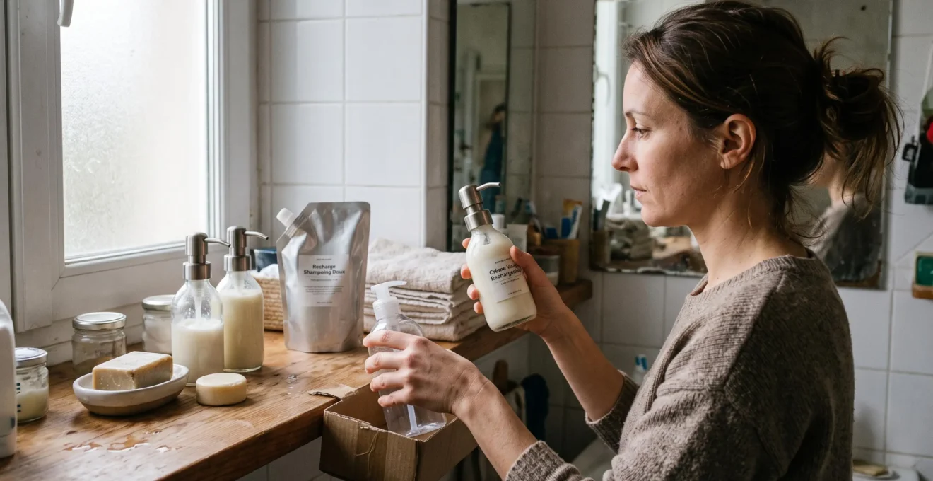 Une femme trie ses produits de soin dans sa salle de bain et range un flacon plastique vide en préparant ses contenants rechargeables et son savon solide.