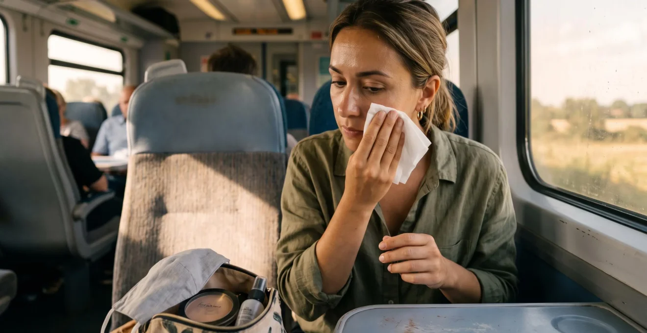 Une femme appuie un mouchoir blanc sur sa joue dans un train pour vérifier si son maquillage tient pendant son trajet.