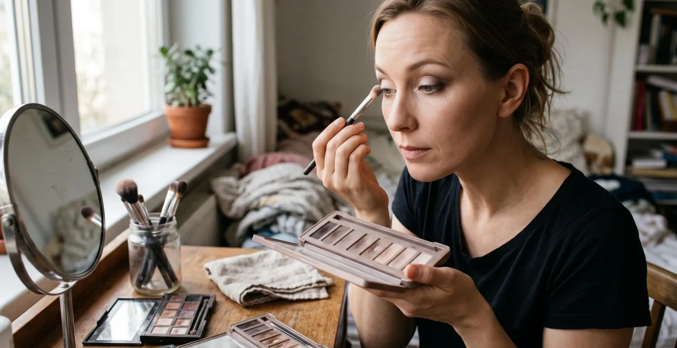Une femme assise près d'une fenêtre teste une palette neutre de fards à paupières sur son œil avec un pinceau, en lumière naturelle.