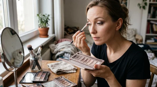 Une femme assise près d'une fenêtre teste une palette neutre de fards à paupières sur son œil avec un pinceau, en lumière naturelle.