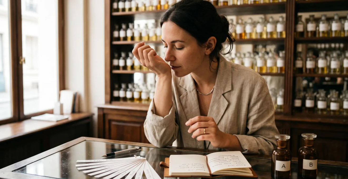 Une femme teste un parfum sur son poignet dans une boutique, des mouillettes en papier posées sur le comptoir