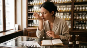 Une femme teste un parfum sur son poignet dans une boutique, des mouillettes en papier posées sur le comptoir
