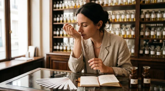 Une femme teste un parfum sur son poignet dans une boutique, des mouillettes en papier posées sur le comptoir