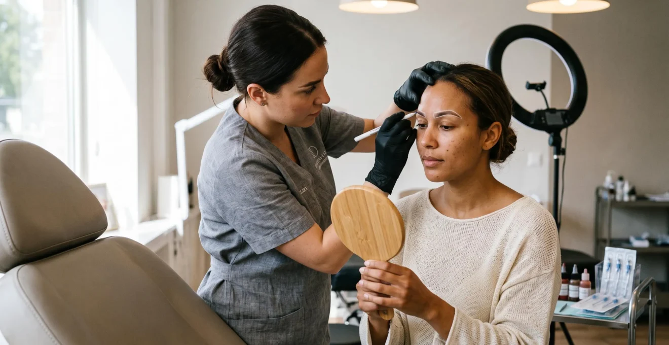 Une praticienne trace au crayon la forme future des sourcils d'une cliente qui valide le résultat avec un miroir en cabine.