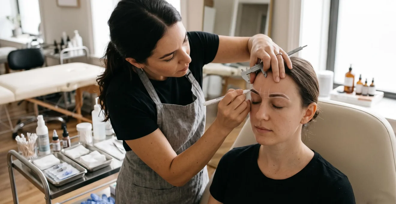 Une praticienne trace au feutre chirurgical la forme future des sourcils d'une cliente assise dans un institut de maquillage permanent.