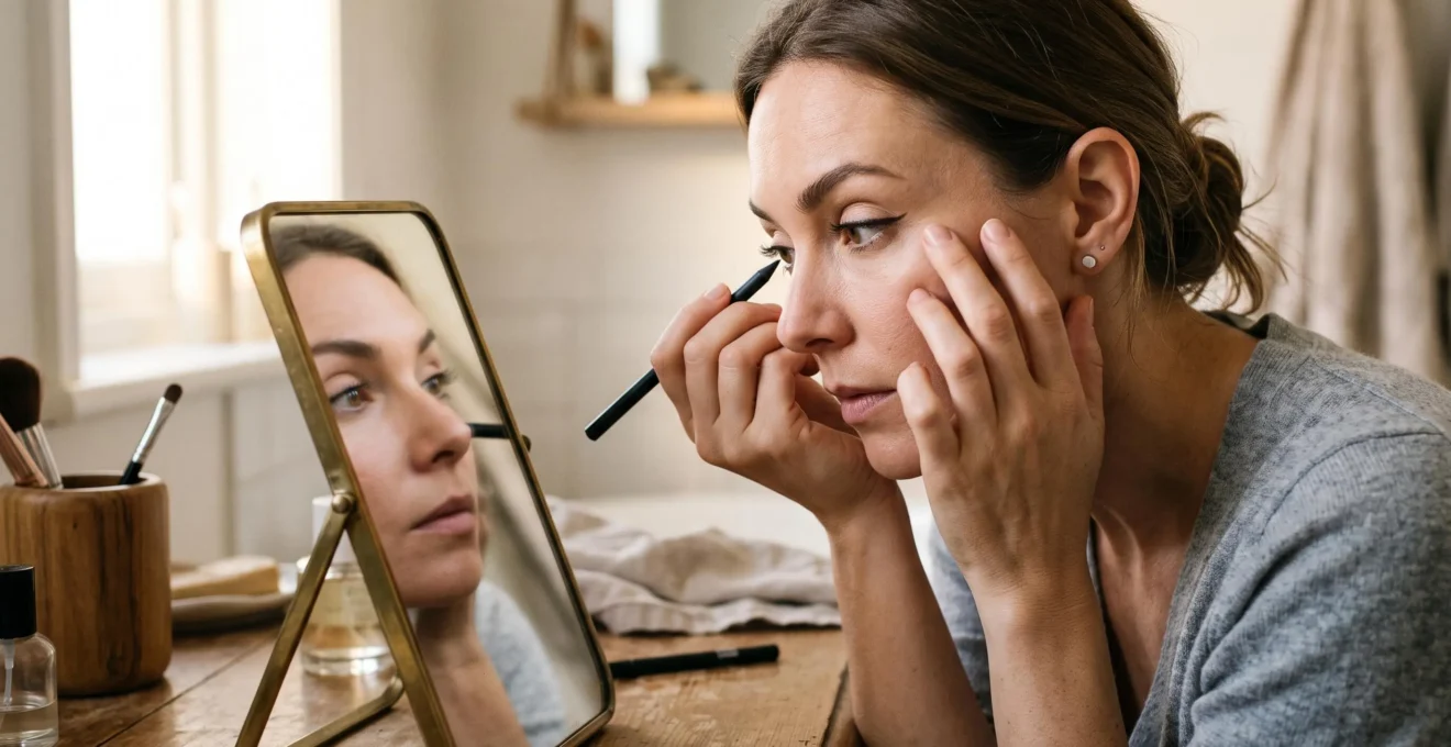 Une femme trace une ligne d'eyeliner nette le coude posé sur sa coiffeuse, le petit doigt ancré sur sa pommette, le regard baissé vers son miroir.